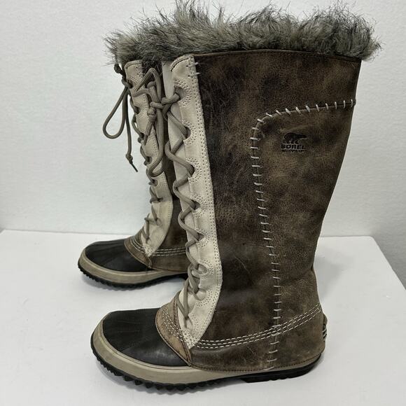 SOREL Cate the Great Tall Faux Fur Leather Waterproof Winter Boots Stone Sz 8 - Picture 1 of 10